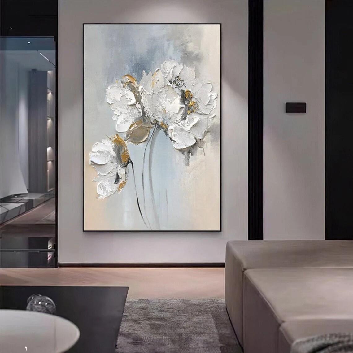 White Floral von Spachtel Blume Wanddekor Textur Ölgemälde